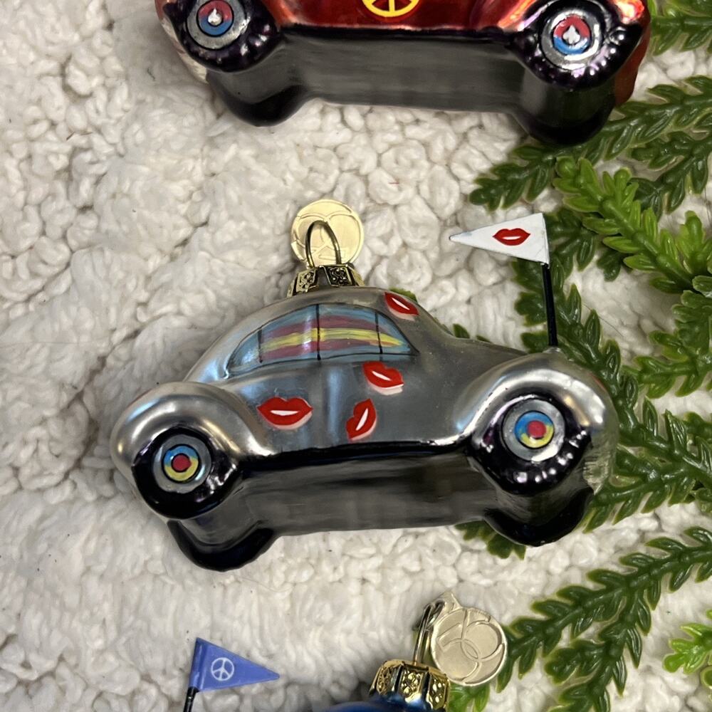 Dept 56 Set of 3 Glass Bug Beetle Car Ornaments Peace Lips Kiss Department - Picture 6 of 13